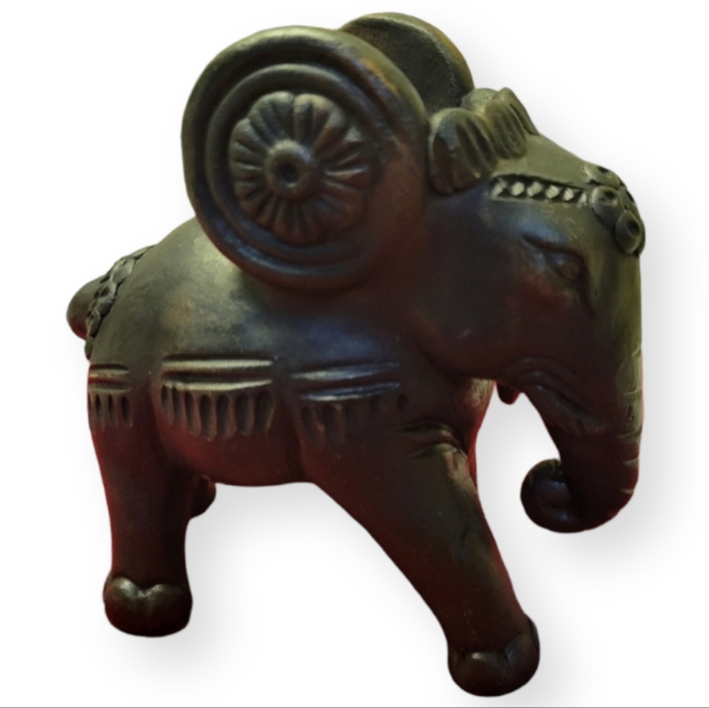 Vtg Brown Clay/Ceramic Decorated Elephant